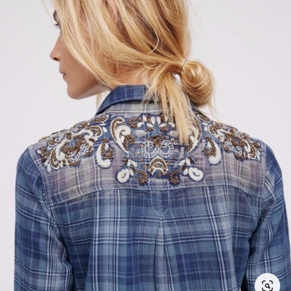 Free People Stevie's Embellished Plaid Shirt Tunic in blue size M - Picture 3 of 11